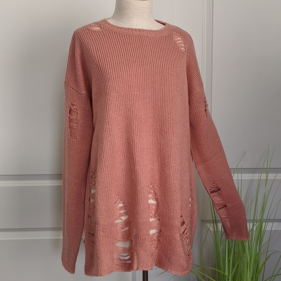 Show Me Your MuMu Sweater Crew Neck Distressed Oversized Knit Mulberry S NWT - Picture 1 of 8